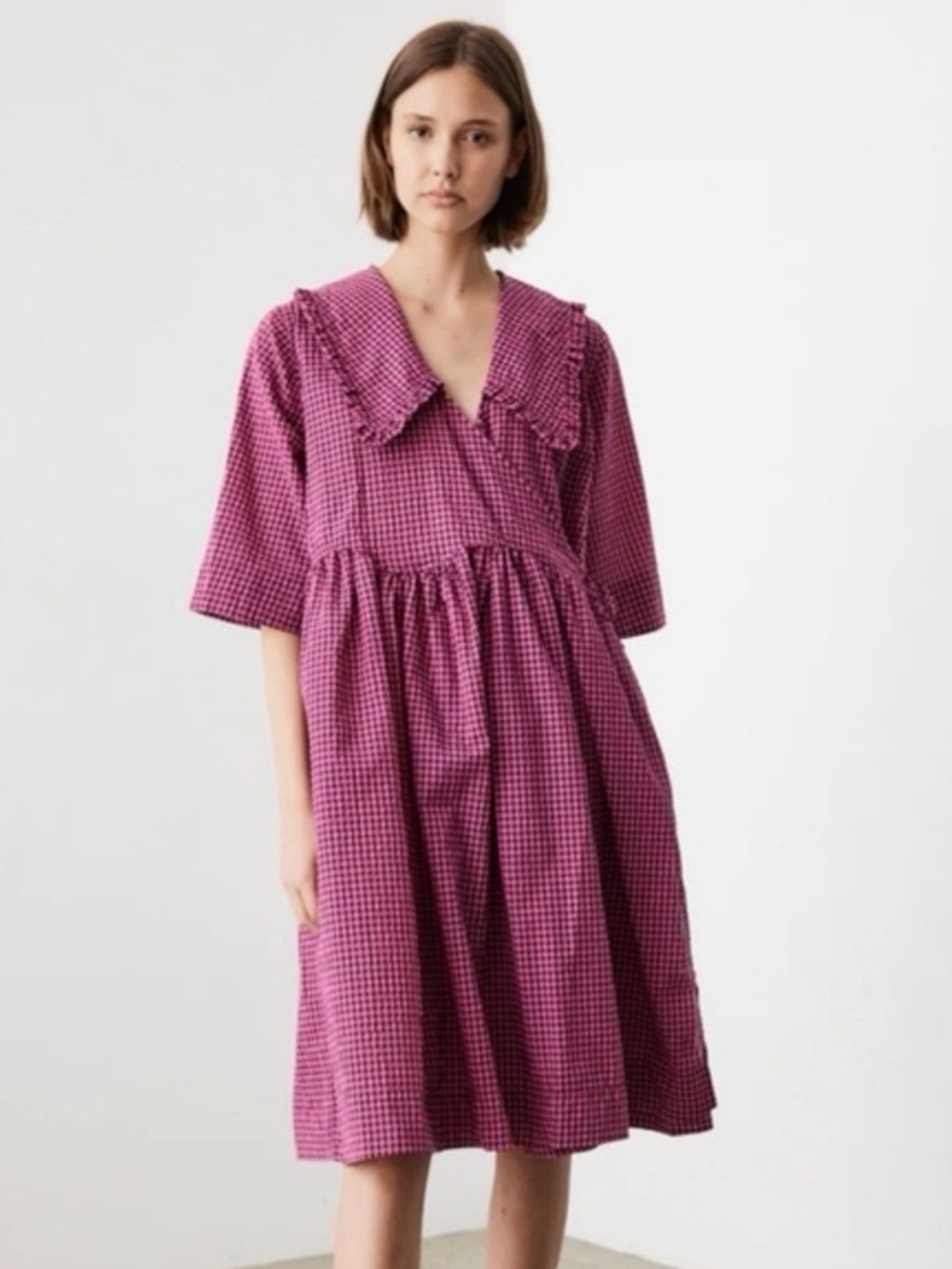 Ganni Oversized Pink Gingham Seersucker Wrap Midi Dress